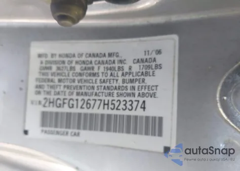 2007 Honda Civic Lx z USA, uszkodzony, nr VIN 2HGFG12677H523374